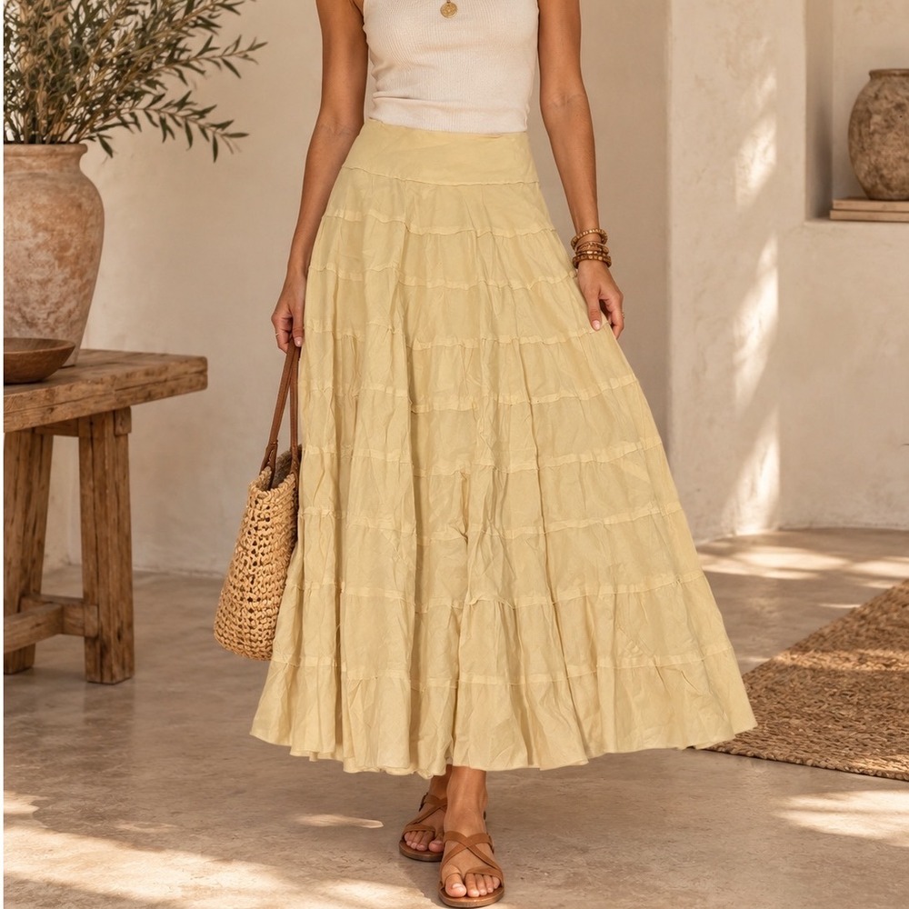 ING Cotton Tiered Maxi Skirt Yellow Boho Cottagecore Coastal Summer S whimsy c5
